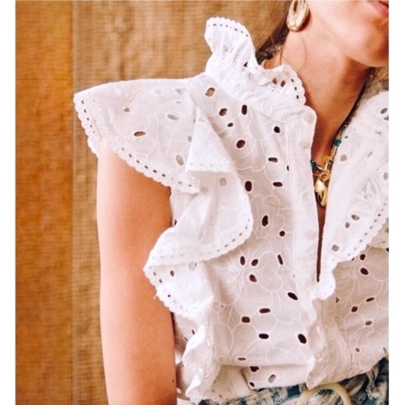 Sezane White Chiara Eyelet Ruffled Cotton Blouse Sz XS / US2 / FR34 - Picture 2 of 11